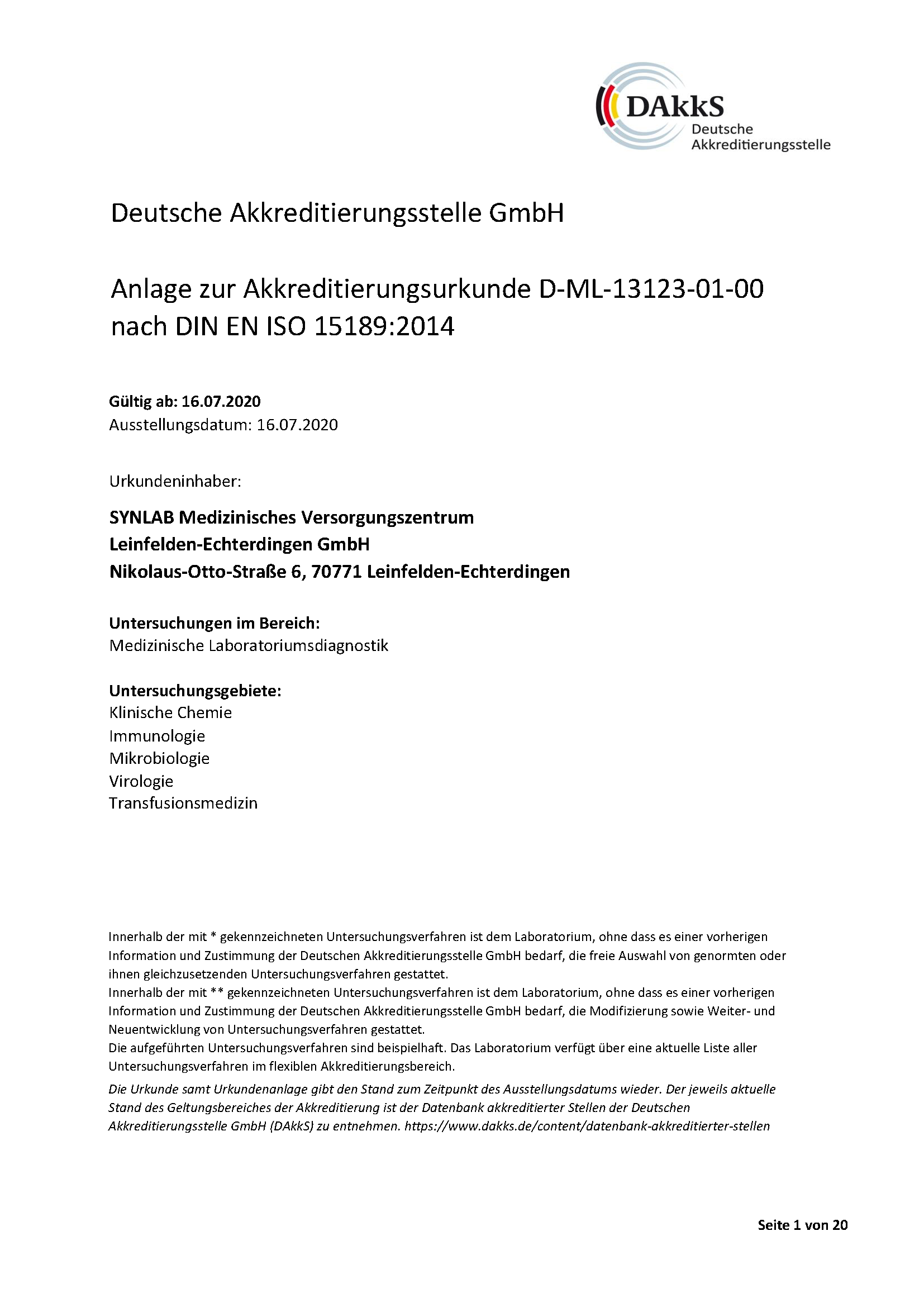 Synlab Leinfelden Accreditation Certificate